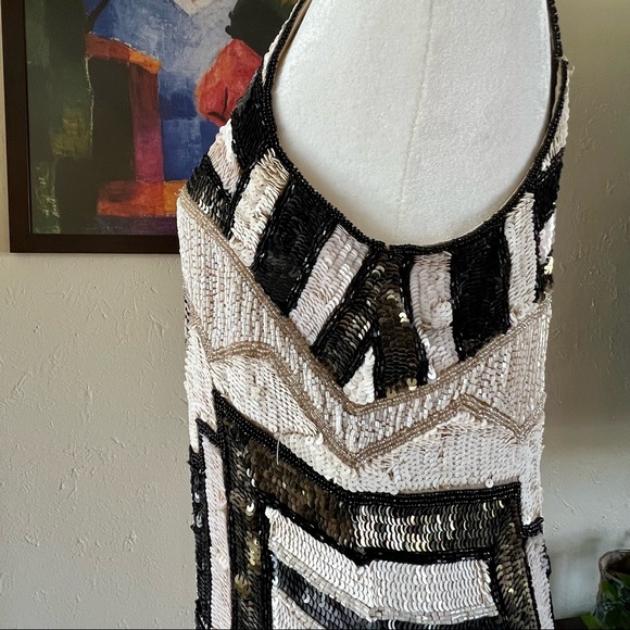Parker Black Gold White Sequin Cocktail Dress Size Medium - Picture 7 of 11